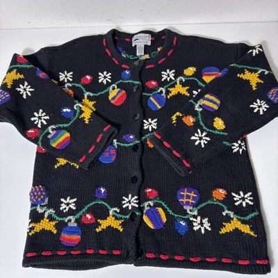 Cárdigan Suéter Islas del Norte Pequeña Cadena Luces Navidad Tejido a Mano De Colección Foto 1 de 4