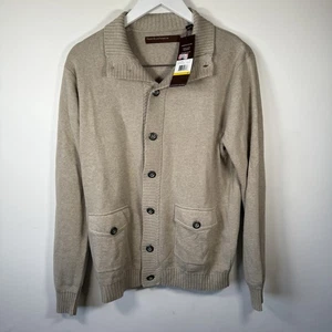 Perry Ellis Premium Men’s Cardigan Sweater Medium – Tan, Cotton Wool Blend NWT - Picture 1 of 5