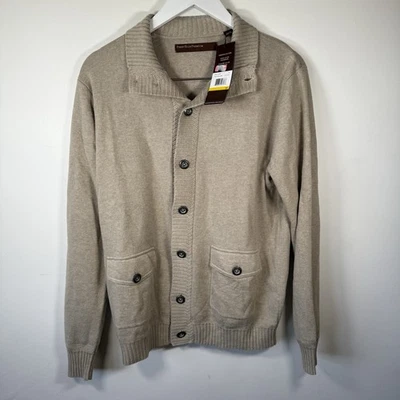 Perry Ellis Premium Men’s Cardigan Sweater Medium – Tan, Cotton Wool Blend NWT - Image 1 of 4