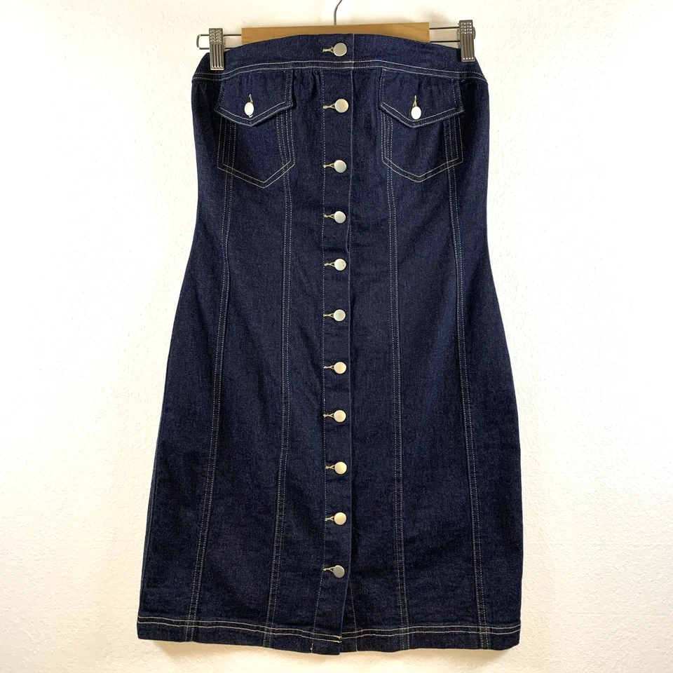 Vestido Moda International Mujer Y2K 00s Denim Bustier Talla 8 Bolsillos con Botones Oscuro Foto 1 de 4