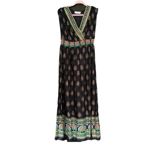 Lapogee Damen schwarz gold Pfau V-Ausschnitt Maxikleid mittlere Taschen ärmellos lang - Bild 1 von 9