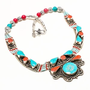 925 Sterling Silver Turquoise Coral Gemstone Handmade Necklace Jewelry Size 18" - Picture 1 of 3