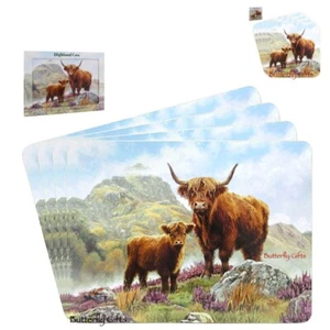 Scottish Highland Cow and Calf -Set Of 4 Placemats Or Matching Coasters Gift Box - Picture 1 of 5