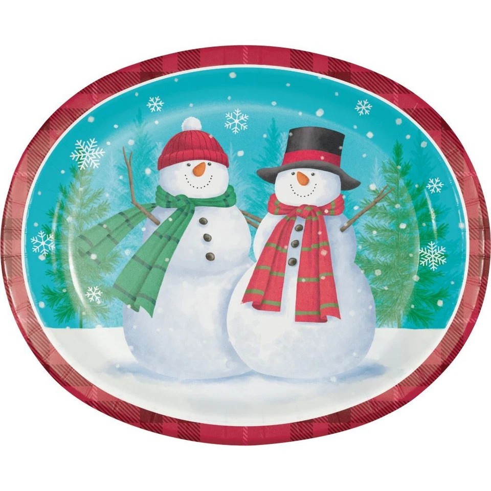 Plato de banquete ovalado de 8 quilates de papel Smiling Snowman Friends Foto 1 de 1