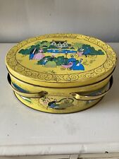 Vintage Oval Victorian Tin Container Handles Sewing Box Crafts Display 11”x 8”