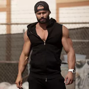 Mens Gym Vest Hoodie Bodybuilding Tank Top Muscle Hooded Shirt Sleeveless Top CA - Picture 1 of 23