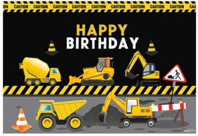 CONSTRUCTION DIGGER CRANE TRUCKS PERSONALISED BIRTHDAY PARTY BANNER BACKDROP - Image 1 of 3