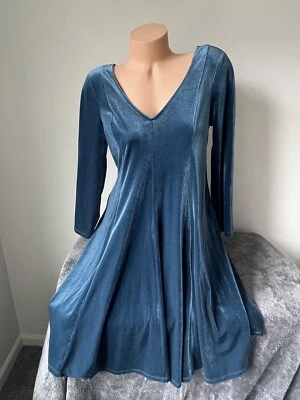 Torrid 00 M 10 Velvet Dress Teal Moody Blue 3/4 Sleeve V Back Skater Soft Girl - Image 1 of 4