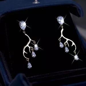 Gold horn antler stud simulated diamond cz earrings 925 silver dangle tear drop - Picture 1 of 8