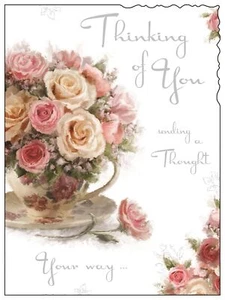 Jonny Javelin Thinking of You Card - Flowers in Teacup Silver Foil 7.25x5.5" - Picture 1 of 2