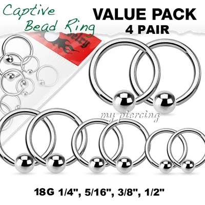 4 PAIR Value Pack Surgical Steel Captive Bead Rings 18GA 1/4", 5/16", 3/8", 1/2" - Image 1 of 3