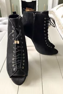 Zara Black Faux Suede Peep Toe Eyelet Lace Up Heels UK5 IN EXCELLENT CONDITION - Picture 1 of 15
