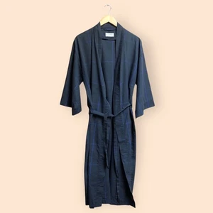 Vintage 70s YSL Yves Saint Laurent MENS Cotton Bathrobe Grey Blue Stripes OS - Picture 1 of 11