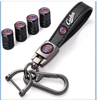 For Chicago Cubs Baseball Fans Car Keychain with Tire Valve Caps, Car Keyring - Image 1 of 4