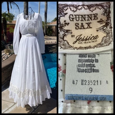 Maxi Vestido Vintage Años 70 Gunne Sax Blanco Rosa Calicó Negro Suizo Lunares Pradera Foto 1 de 4