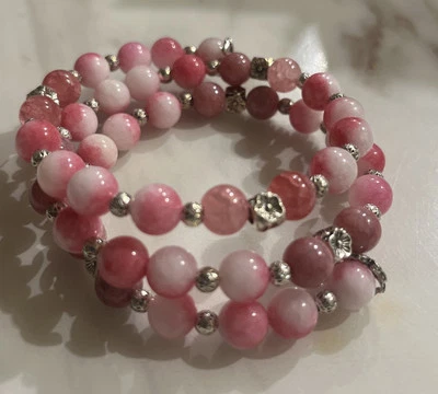 Hand Made Jewellery- Memory Wire Bracelet Pink Glass Beads One Size - Image 1 of 4