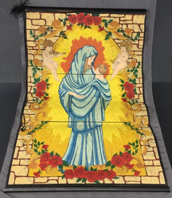Vintage Fabric Wall Hanging Our Lady Madonna 27" x 17" Roses & Cherubs - Image 1 of 4