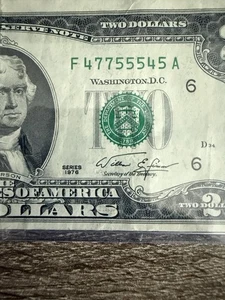 1976 Series $2 Bill with 'Very Off Center' Design Seal Vintage Two-Dollar Bill - Picture 1 of 4