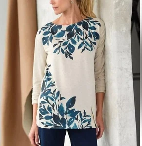 Pure J Jill Tan Teal Leaf Ivy Print Boat Neck Long Sleeve Top Shirt Sz M - Picture 1 of 4