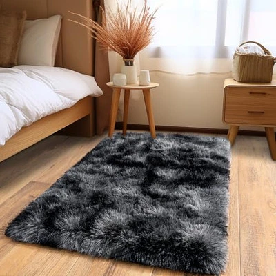Fluffy Small Rug for Bedroom Shag Soft Area Rug, Modern 2x3 Feet Dark Grey - Image 1 of 4