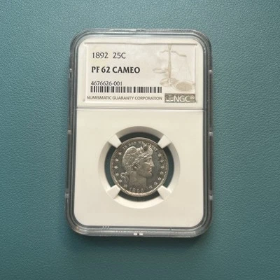 1892 Proof CAMEO Barber Quarter | NGC Proof 62 Cameo  - Image 1 of 4