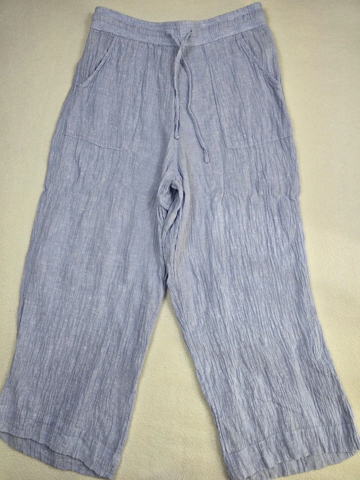 Pantalones de salón Sigrid Olsen 100 % lino pierna ancha relajados azul polvoriento arrugado grandes Foto 1 de 4