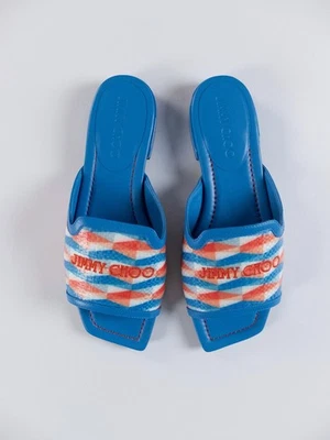 JIMMY CHOO Nako Plano Azul Logo Bordado Cuero Pisos Talla 8/38 Auténtico Foto 1 de 4