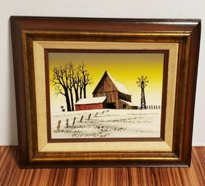 H. Hargrove framed oil painting Appraised/ winter and farm with windmill scene. - Picture 1 of 9