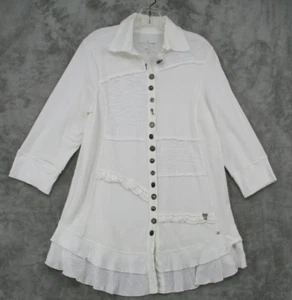 Neon Buddha Shirt Womens Medium Tunic Boxy Relaxed Lagenlook Ruffle Button Front - Picture 1 of 12