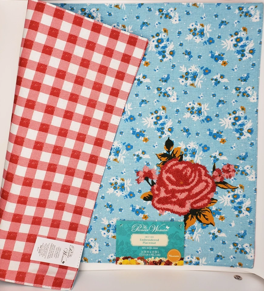 Pioneer Woman Sweet Rose Embroidered Placemat Set of 2 Each 14x19 Inch Reversibl
