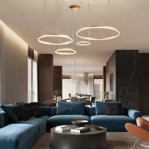 Modern LED 4 Ring Chandelier Dimmable Gold Ceiling Pendant Light w/ Remote - Picture 1 of 12