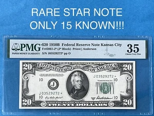 1950 B $20 RARE KANSAS CITY STAR NOTE - ONLY 15 KNOWN - FRN PMG 35 VF FR 2061-J* - Picture 1 of 3