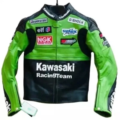 Chaqueta de cuero de vaca hecha a medida Kawasaki Ninja Racing Team motocicleta Foto 1 de 4