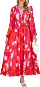 Women'S Long Sleeve Boho Floral Maxi Dress Smocked Beach Flowy Dress - Picture 1 of 21