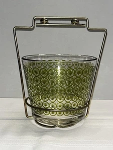 Vtg Jeanette Glass Green Atomic Print Ice Bucket Set Metal Holder MCM Barware - Picture 1 of 14