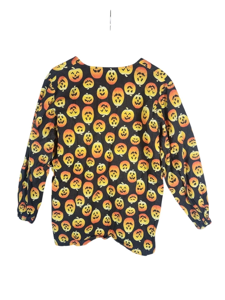 Blusa esfoliante de Halloween abóbora Jack-o-lantern manga comprida com botão para cima sem marca - Imagem 1 de 4