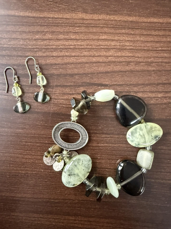 Pulsera elástica gruesa de cuarzo verde Silpada, prehnita B1798 con pendientes a juego Foto 1 de 3