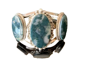 Vintage Native American Moss Agate Sterling Silver Bracelet Cuff Hand-Forged - Picture 1 of 12