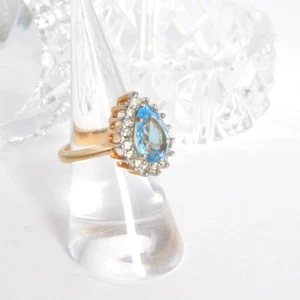 Vintage 18K Gold Plated Prong Blue Crystal Birthstone Cocktail Ring Size 6.75 - Picture 1 of 13