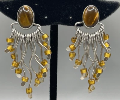 Волнистые подвески с надписью Artisan MS из стерлингового тигрового глаза со стеклянными бусинами серьги-гвоздики - Изображение 1 из 4