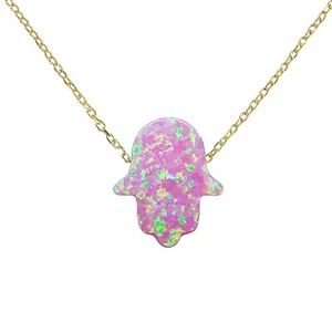 Hamsa Pendant Necklace Lab-Created Opal Gold Plated 925 Sterling Silver Chain - Picture 1 of 37