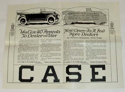 VTG 1916 J I CASE AUTOMOBILES MODEL "40" ADVERTISING POSTER! 18x13" ORIGINAL JI - Image 1 of 4