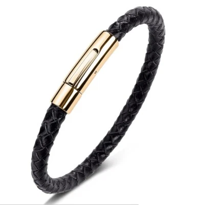 MEN/Women 6 mm Black Braided Genuine Leather Gold Buckle Hand Bracelet 7.5-8.5" - Image 1 of 4
