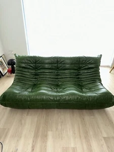 Vintage Genuine aligns Roset Togo 3 Seater Green Leather Couch - Picture 1 of 9