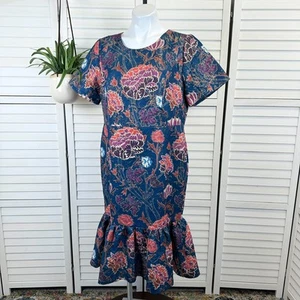 Ashro L Zoya Textured Church Dress Pink Blue Floral Gold Metallic Ruffle Hem - Picture 1 of 12