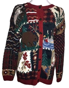 Vintage 90s Northern Isles Hand Knitted Cardigan Sweater L Mountain Cabin, Animals - Bild 1 von 6