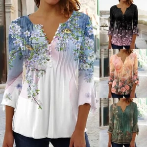 Womens V Neck 3/4 Sleeve Floral Blouse Lady Summer Pleat Button Tops Tee T Shirt - Picture 1 of 22