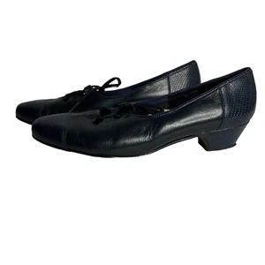 Vintage 60s Johansen Leather Kitten Heels Womens 5 Navy Blue Snake Toe Lace Up - Picture 1 of 7