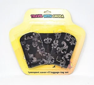 Travel Set: Passport Holder + 2 Luggage Tag, Polyester Black/Beige by 2 Moda New - Picture 1 of 2