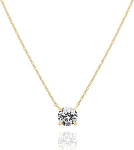 14K Gold Plated Crystal Solitaire 1.5 Carat (7.3Mm) Cubic Zirconia Dainty Choker - Picture 1 of 12